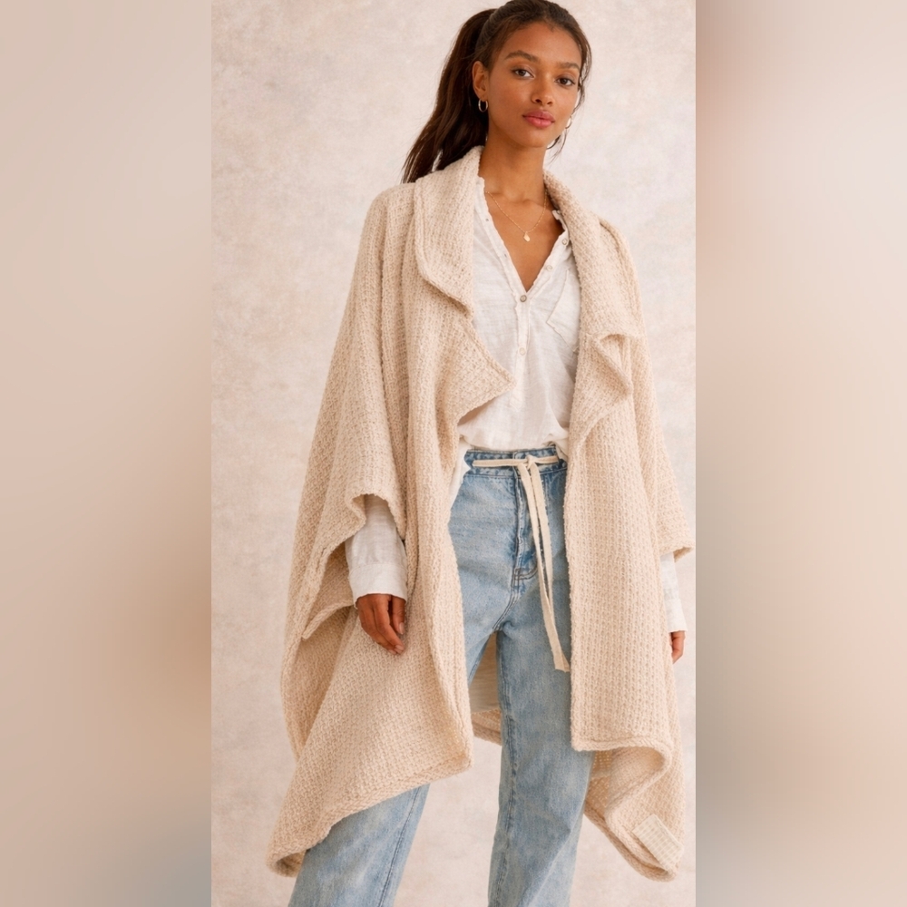 Free People X Mile High Waffle Knit Waffle Poncho One Size Beige Pink NIP$209